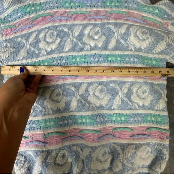 VTG 80s 90s Rose Textured 3D Knit Sweater Wms M NO SIZE TAG USA Pastel Glitter - Picture 7 of 14